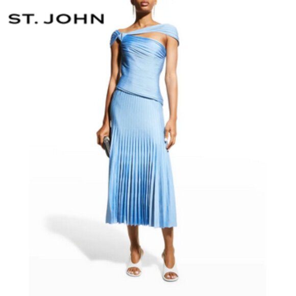 ST. JOHN One Sleeve Pleated Midi Dress in Baby Blue NWT - Picture 1 of 8
